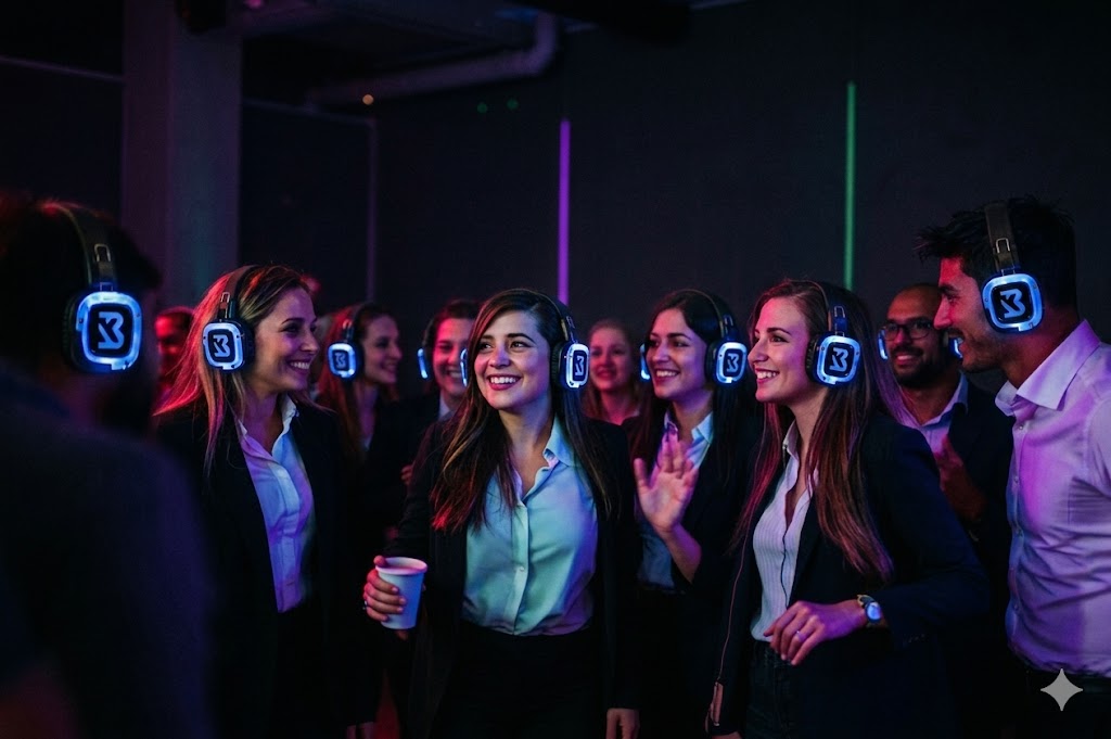 Medewerkers tijdens een zakelijk silent disco evenement
