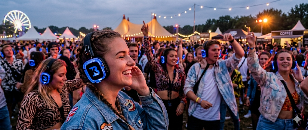 Silent disco feest met verlichte neon koptelefoons in Zuid-Limburg